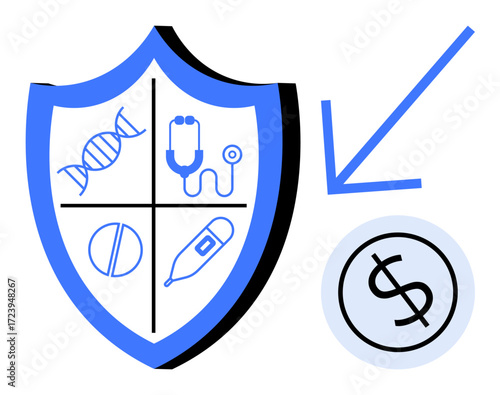 Shield divided into sections with DNA, stethoscope, pill, and thermometer icons beside dollar sign and arrow. Ideal for healthcare, insurance, cost reduction, savings, prevention medical aid simple
