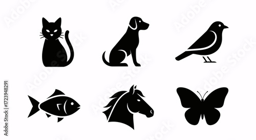 Collection of simple black silhouette icons representing various animals
