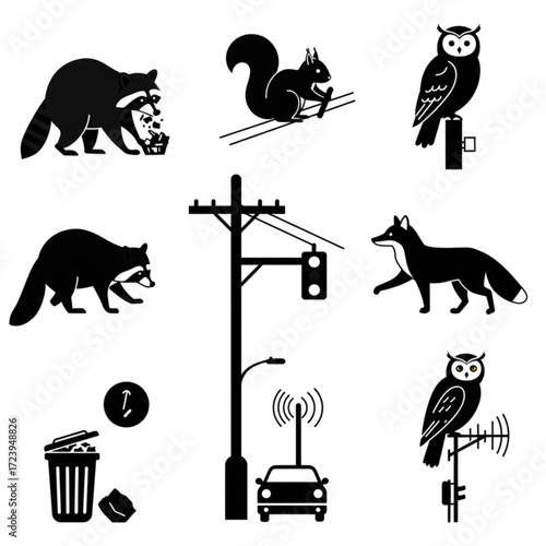 Urban Wildlife Vector Illustration Set – Raccoon, Squirrel, Owl, Fox, and City Elements