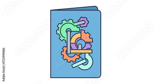 Abstract illustration of gears and mechanisms on a blue notebook cover.