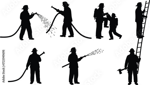 firefighter, fireman, rescuer, emergency, safety, professional, silhouette, helmet, hose, ladder, rescue, child, spray, water, icon, vector, illustration, black, white, uniform, design