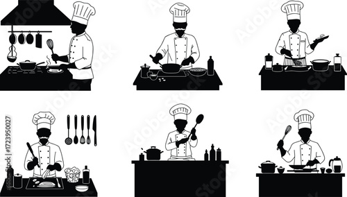 Chef cooking kitchen silhouettes vector illustration professional cook preparing food restaurant culinary design gourmet meal preparation black and white