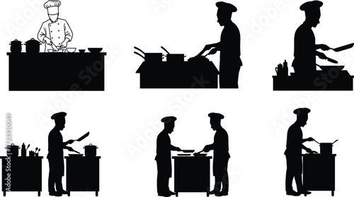 Chef cooking kitchen silhouettes vector illustration restaurant cook preparing meals teamwork culinary food preparation design professional cuisine black white