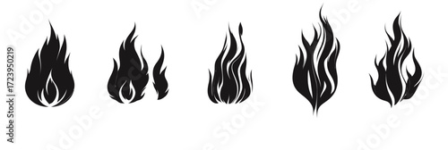 Set of five black silhouette fire flames vector icons isolated on white background with sharp stylized burning shapes in minimalist flat design style for tattoo or graphic use