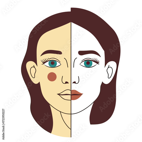 Split face portrait of young woman with brown hair showing two-tone skin complexion and green eyes in flat minimalist vector style illustration