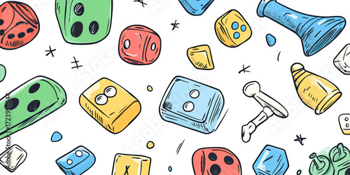 Hand drawn colorful dice and game pieces seamless pattern vector illustration doodle sketch style for board game background and game shop banner design