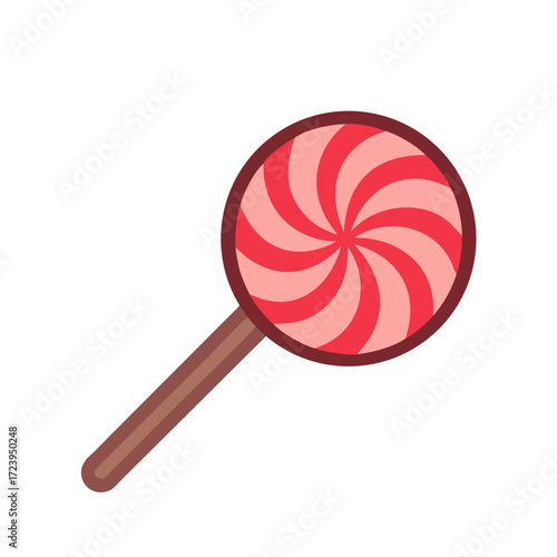 Swirled lollipop with a brown stick here on transparent background