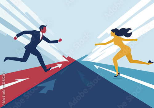 Business competition concept with man and woman running on arrow pathways representing rivalry and race for success in flat minimalist style vector illustration