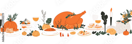 Flat minimalist vector Thanksgiving dinner table with roasted turkey, pumpkin pie, side dishes, candles, and autumn decor on white background illustration