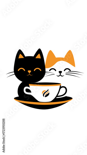 Minimalist flat vector illustration of two smiling cats with coffee cup and saucer featuring flame logo in warm black and orange colors for playful cozy cafe branding