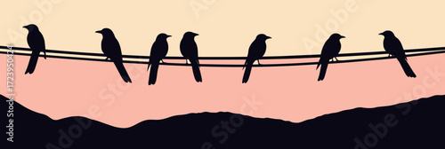 Silhouette of birds perched on power lines at sunset with mountainous horizon and gradient sky in minimalist vector style