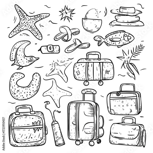 Hand drawn summer travel essentials with luggage, starfish, beach sandals, tropical drink, fish, palm leaf and massage stones in doodle sketch style vector illustration