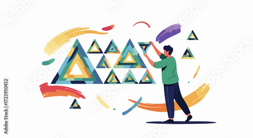 Man Arranging Colorful Geometric Triangles Abstract Digital Art Design