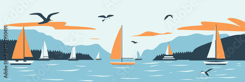Colorful sailboats floating on calm coastal harbor water with distant forested hills and flying seagulls in minimalistic flat vector illustration