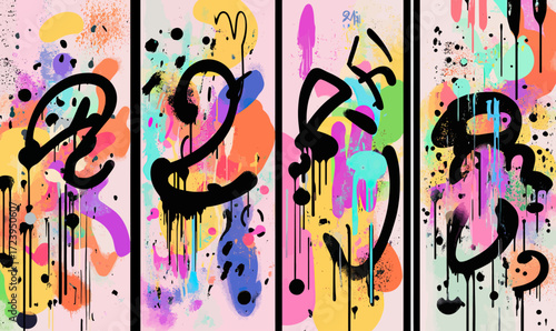 Abstract colorful graffiti style numbers 2 3 4 5 with black ink outlines and bright paint splatters and drips on pink backgrounds minimalist vector art panels