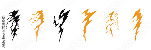 Set of six stylized thunder lightning bolt icons in black and orange colors with flat minimalist sharp jagged designs on white background for energy and power symbols