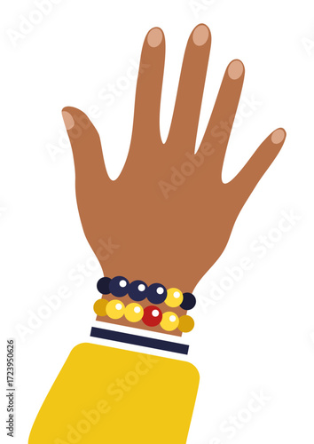 Illustration of a hand with vibrant bracelets, a symbol of diversity and ethnic beauty. Cultural accessory for traditional fashion promotion.