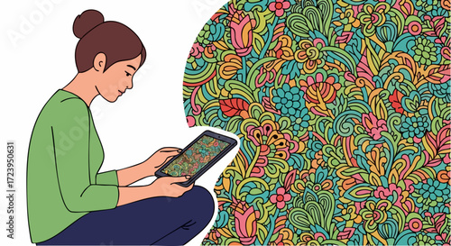 Woman with Tablet and Colorful Floral Pattern Digital Art Illustration