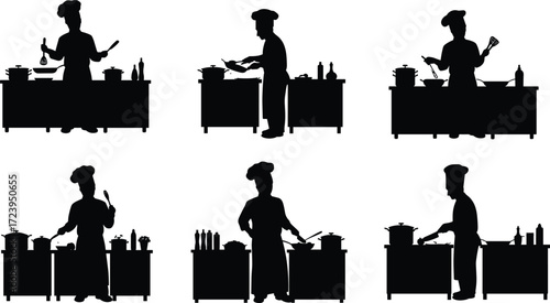 Chef cooking silhouettes vector illustration restaurant kitchen cook preparing food culinary design professional meal preparation gourmet cuisine black and white