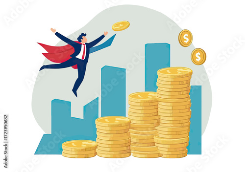 Businessman superhero flying upward next to growing stacks of gold coins and bar chart symbolizing financial success and investment growth concept