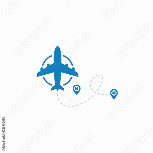 Airplane Flying Travel Icon with Flight Route and Destination Markers
