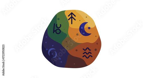 Abstract Stone with Mystical Symbols and Natural Elements.