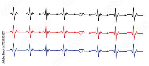 Three electrocardiogram heart rhythm lines in black, red, and blue, isolated on white background