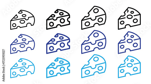 Collection of cheese wedge icons in black, blue, and gradient blue isolated on white background, representing different styles and variations of cheese symbols