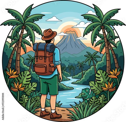 Backpacker Watching Volcano at Sunrise