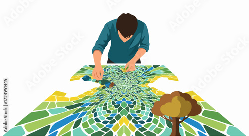Man Assembling a Colorful Mosaic Puzzle Symbolic of Problem Solving Growth and Creativity
