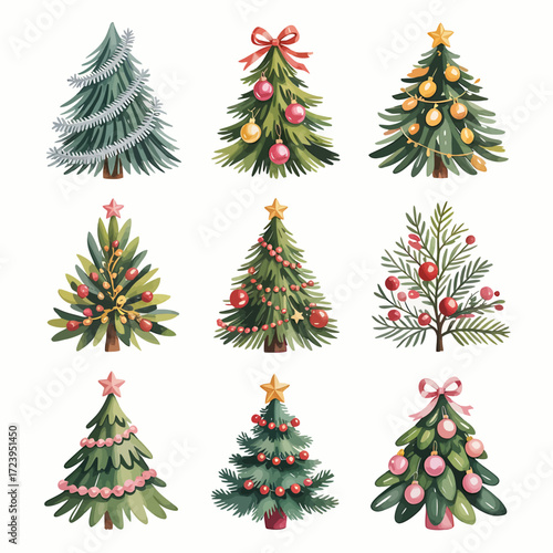 Vector art of collection of nine beautifully decorated christmas trees in watercolor style