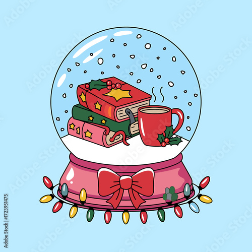 Vector art of cozy winter scene inside a snow globe featuring a stack of books and a steaming mug of hot chocolate, perfect for holiday reading and warm beverages