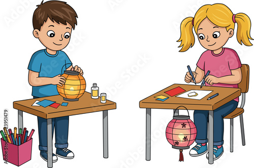 Children making colorful lantern crafts in classroom with art supplies, creative kids activity, school art project, drawing and painting.