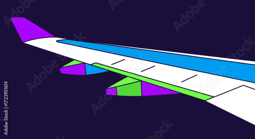 Airplane wing with vibrant colors and design details for flight.