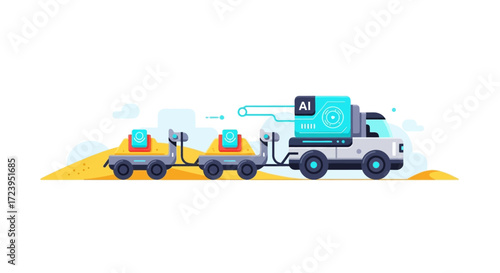 AI powered truck towing autonomous delivery robots on a road.