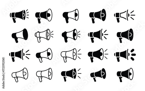 Collection of megaphone icons in various styles, isolated on a white background, representing communication and announcement concepts