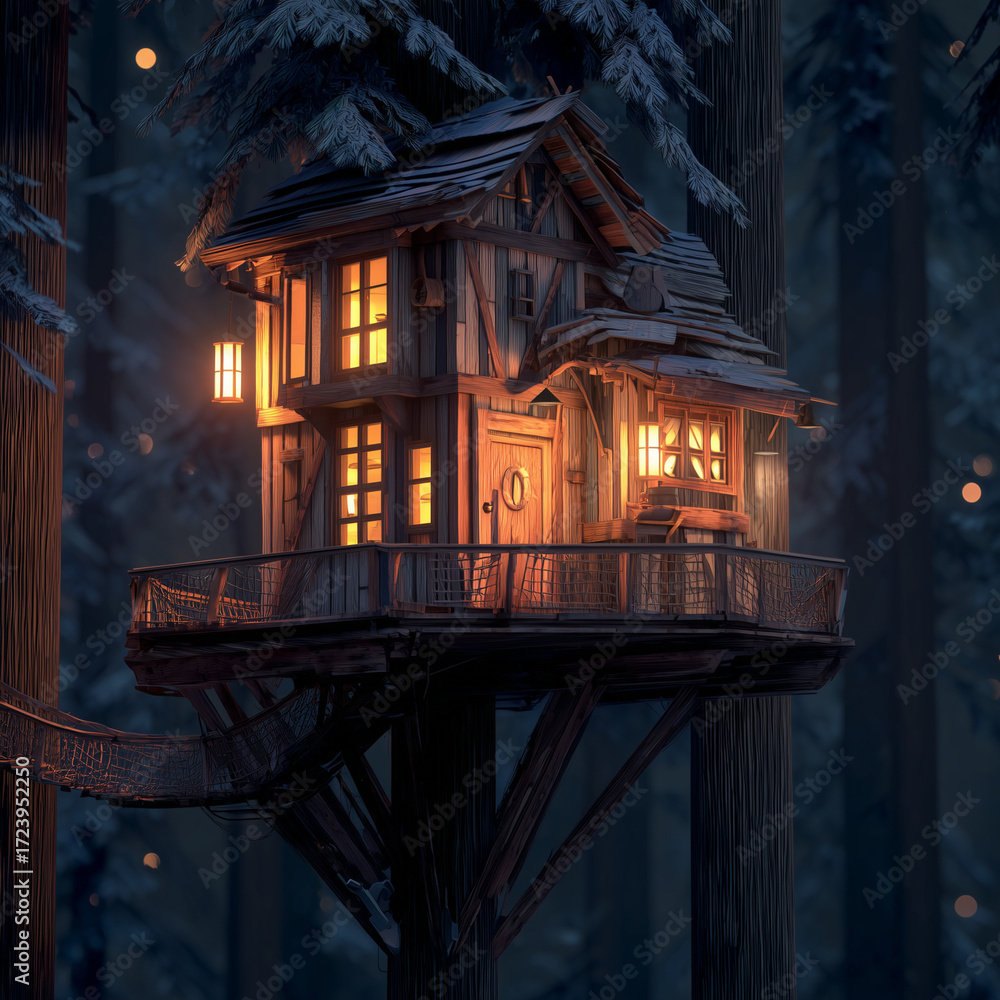Fototapeta premium Enchanting wooden treehouse illuminated at night in forest