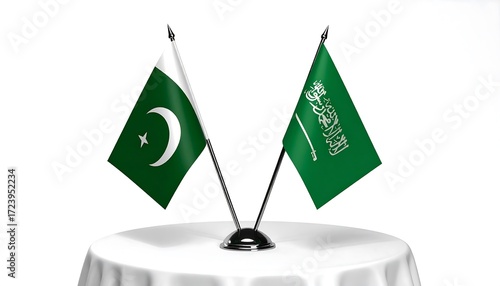 A sleek conference room with flags of Pakistan, Saudi Arabia, and a white neutral flag on a polished table—symbolizing diplomacy, collaboration, and international dialogue.