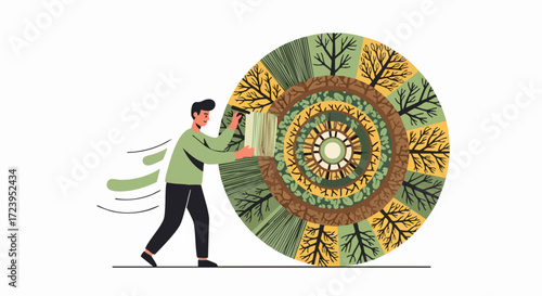 Man Rolling a Wheel of Nature Sustainable Environmental Concept