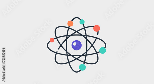Atom Model with Orbiting Electrons and Nucleus Illustration.
