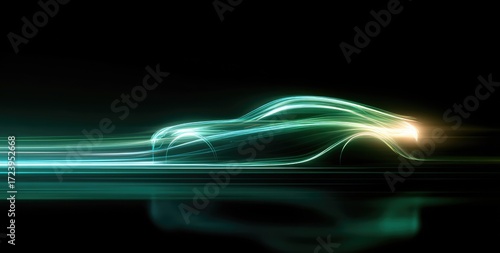 Abstract, glowing car silhouette against a dark background with motion blur