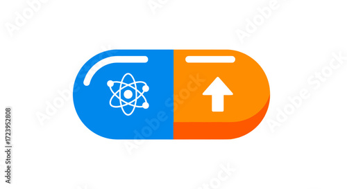 Atomic structure and upward arrow on a pill capsule.