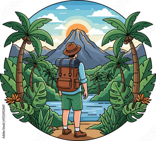 Traveler Exploring Jungle Volcano Landscape