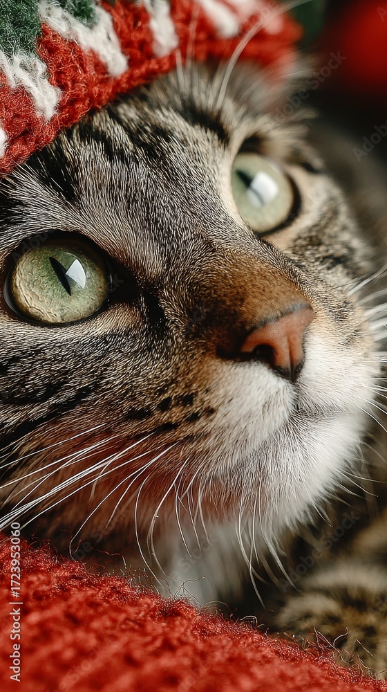 Naklejka premium festive cat close-up with green eyes and red knitted hat against cozy red fabric background in warm seasonal composition