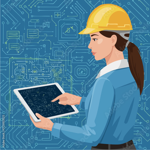 Female Engineer Inspecting Circuit Board Design on Tablet Technology and Innovation