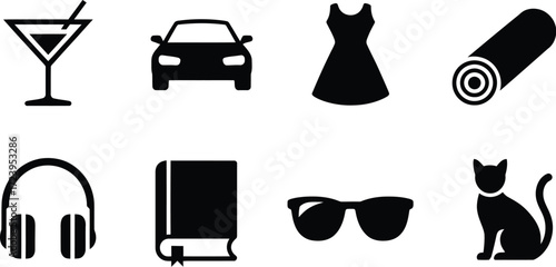 Lifestyle icons set vector illustration cocktail car dress yoga book cat design