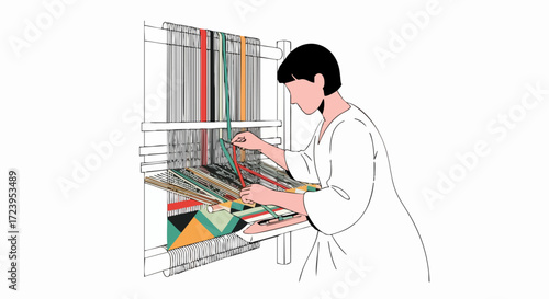 Weaver Crafting Textile on Loom Illustration of Traditional Craftsmanship