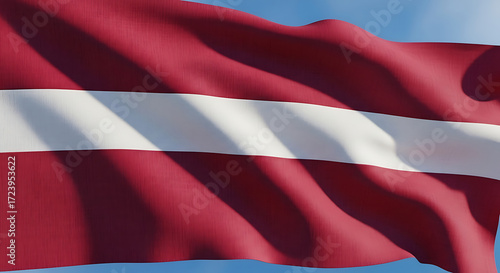 A captivating closeup of the latvian national flag gracefully fluttering against a clear blue sky, highlighting the distinctive carmine red and white stripes, embodying the nations resilience, indepen Free Download A captivating closeup of the latvian national flag gracefully fluttering against a clear blue sky, highlighting the distinctive carmine red and white stripes, embodying the nations resilience, indepen - GFXLoad