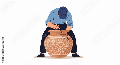 A craftsman meticulously carves intricate patterns into a large, ornate clay pot.