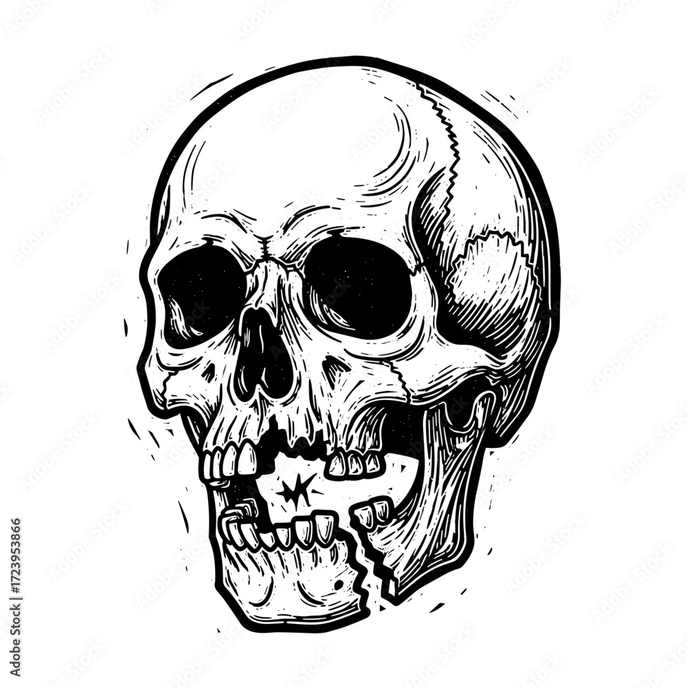Fototapeta premium Skull illustration with broken jaw in black and white design 
